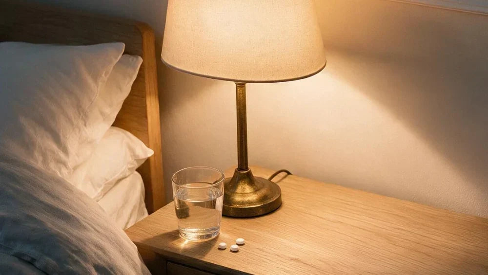 Image de gélules de mélatonine sur une table de chevet, à prendre avant de dormir.