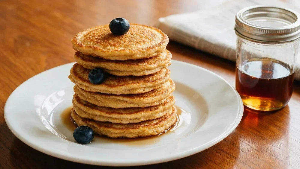 Image de plusieurs pancakes protéinés sans whey dans une assiette.
