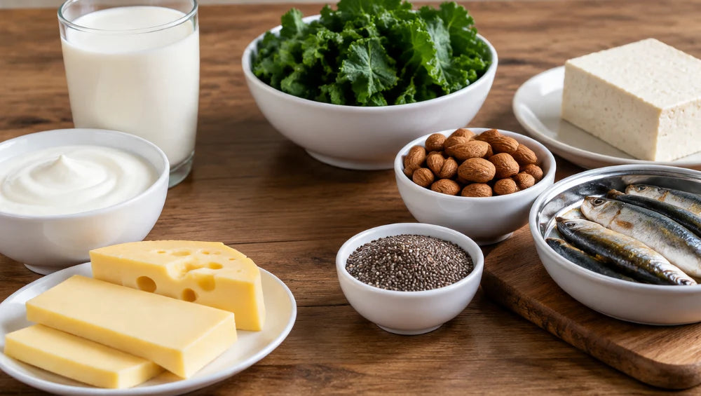 Image d'aliment contenant du calcium : fromage, produits laitiers, légumes, noix et poissons.