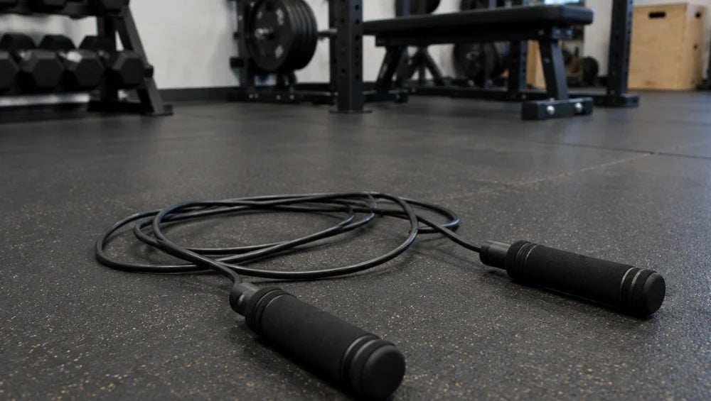 Image d'une corde à sauter par terre dans une salle de musculation.