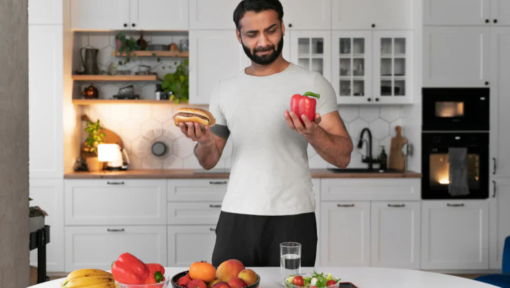 Homme dans une cuisine en train de choisi entre un poivron dans une main ou un burger dans l'autre main