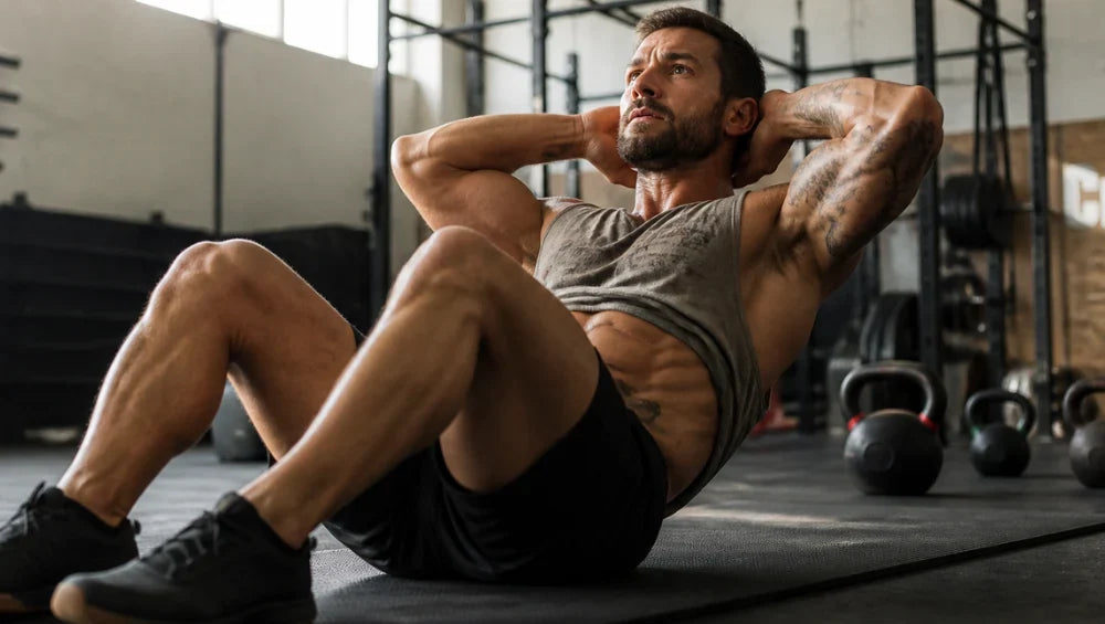 Homme musclé qui fait des abdominaux à la salle.