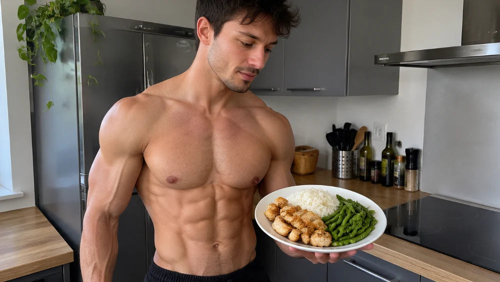 Homme torse nu, qui est en période de sèche. Il tient une assiette de riz, poulet et haricot vert dans sa main.